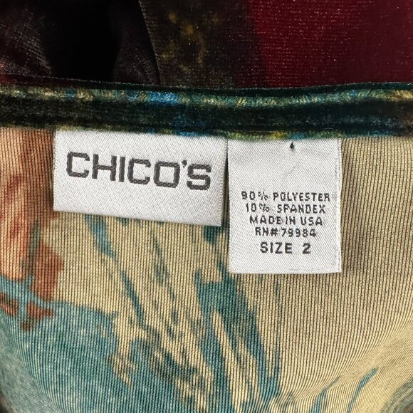Chico's Velvet Tunic Top Size 2 Multicolored Printed Artsy Long Sleeve TP-3580 - Picture 6 of 7